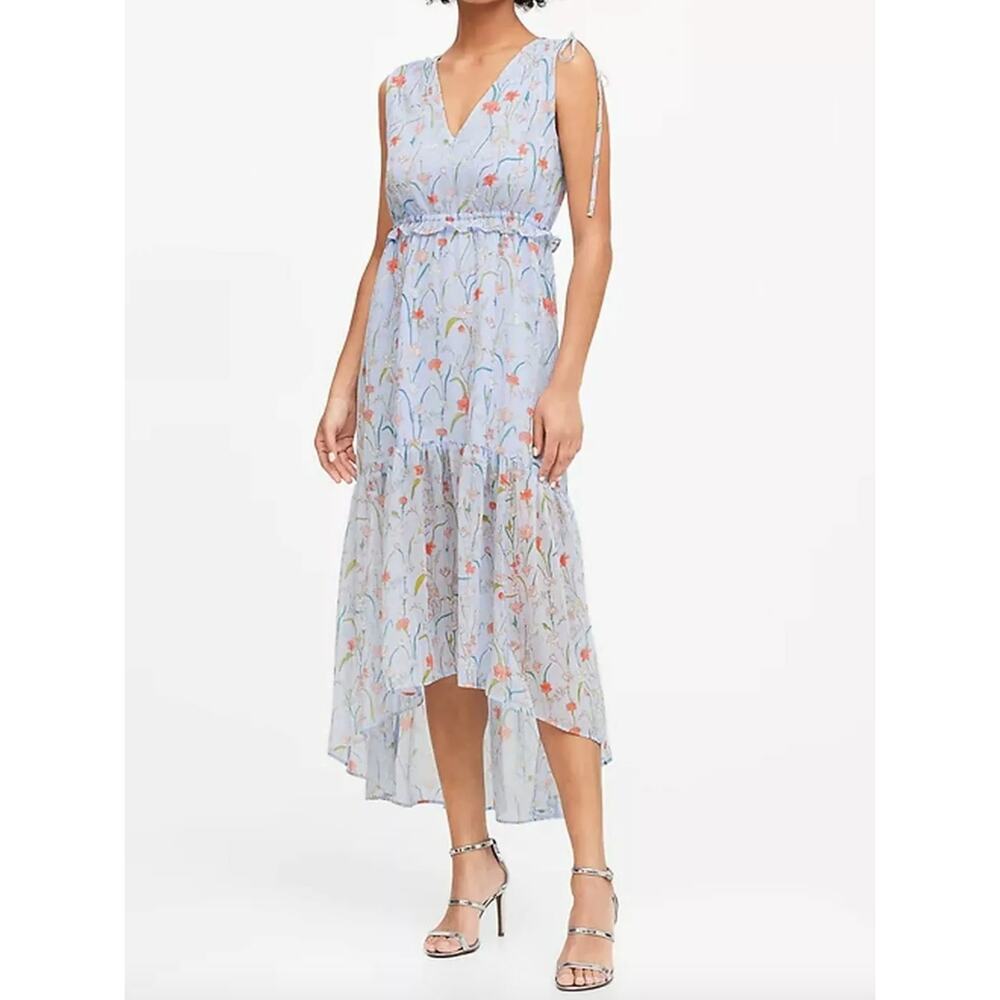 Banana Republic V-Neck Sleeveless Floral Ruched Midi Dress Size 2 High Low Hem